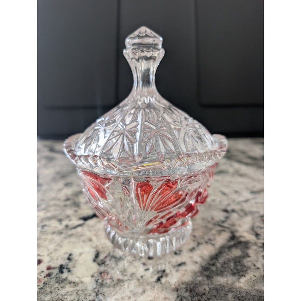 Vintage USSR Crystal Candy Dish With Lid Pink Ruby Glass Soviet Covered Bowl